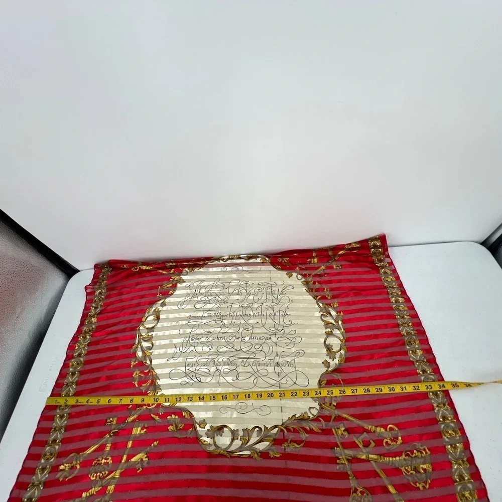 Vintage Liz Claiborne Scarf Sheer Stripe Red Gold Skeleton Keys Script Baroque